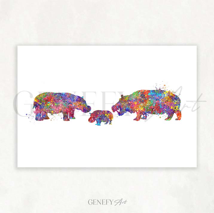 Hippo Family of 3 Watercolour Print