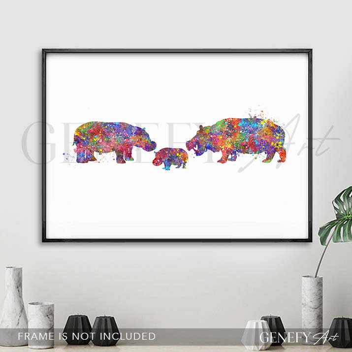 Hippo Family of 3 Watercolour Print