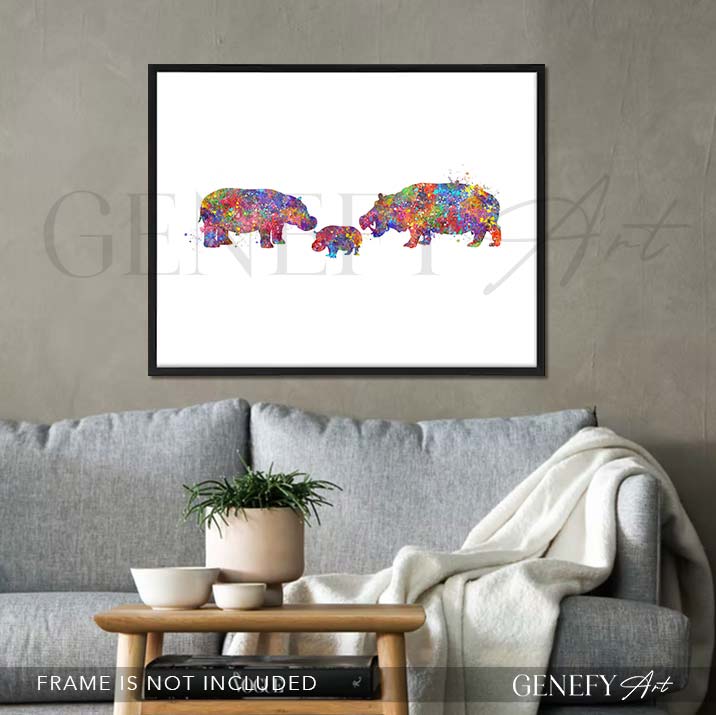 Hippo Family of 3 Watercolour Print