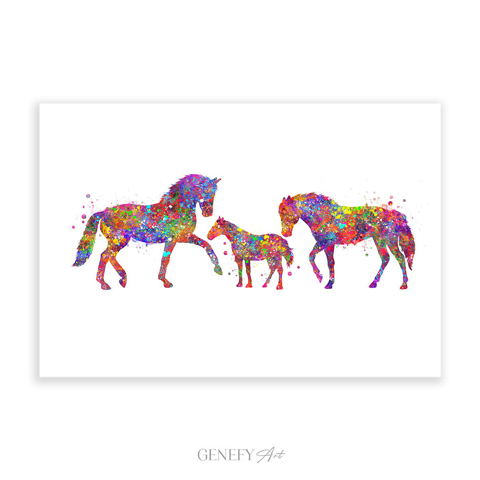 Horse Family of 3 Watercolour Art Print