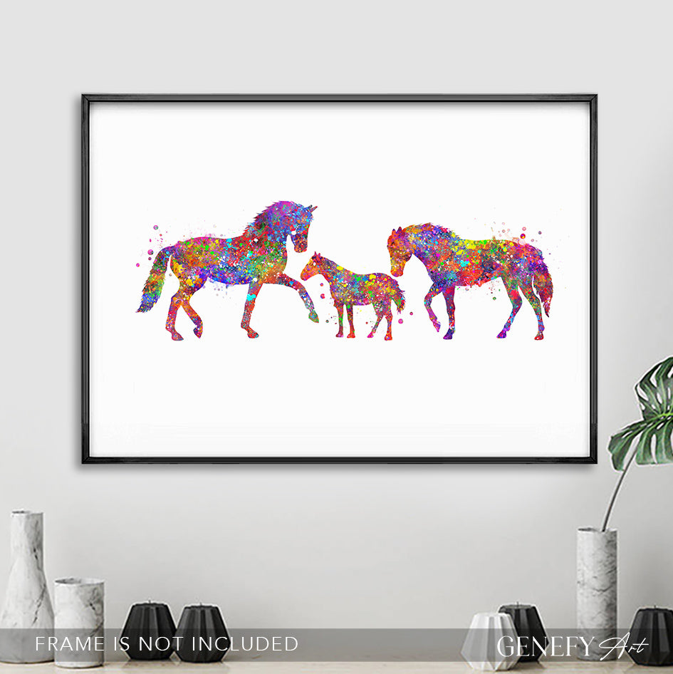 Horse Family of 3 Watercolour Art Print