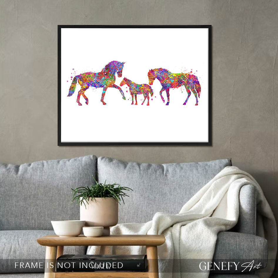 Horse Family of 3 Watercolour Art Print