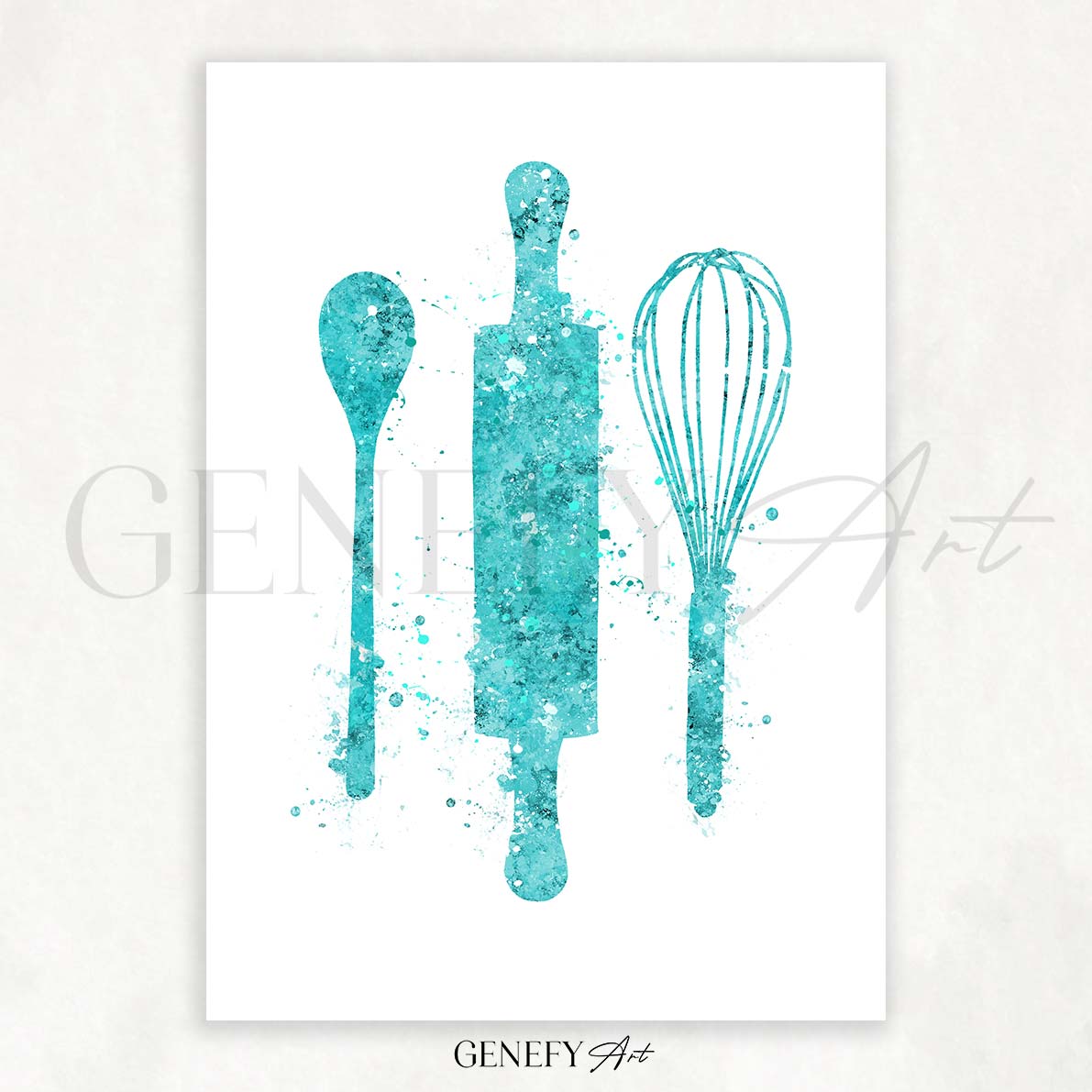 Teal Baking Utensils Watercolour Kitchen Print