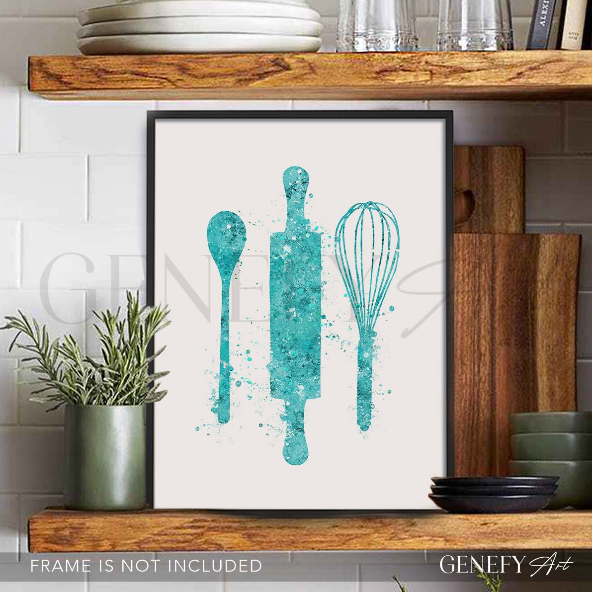 Teal Baking Utensils Watercolour Kitchen Print