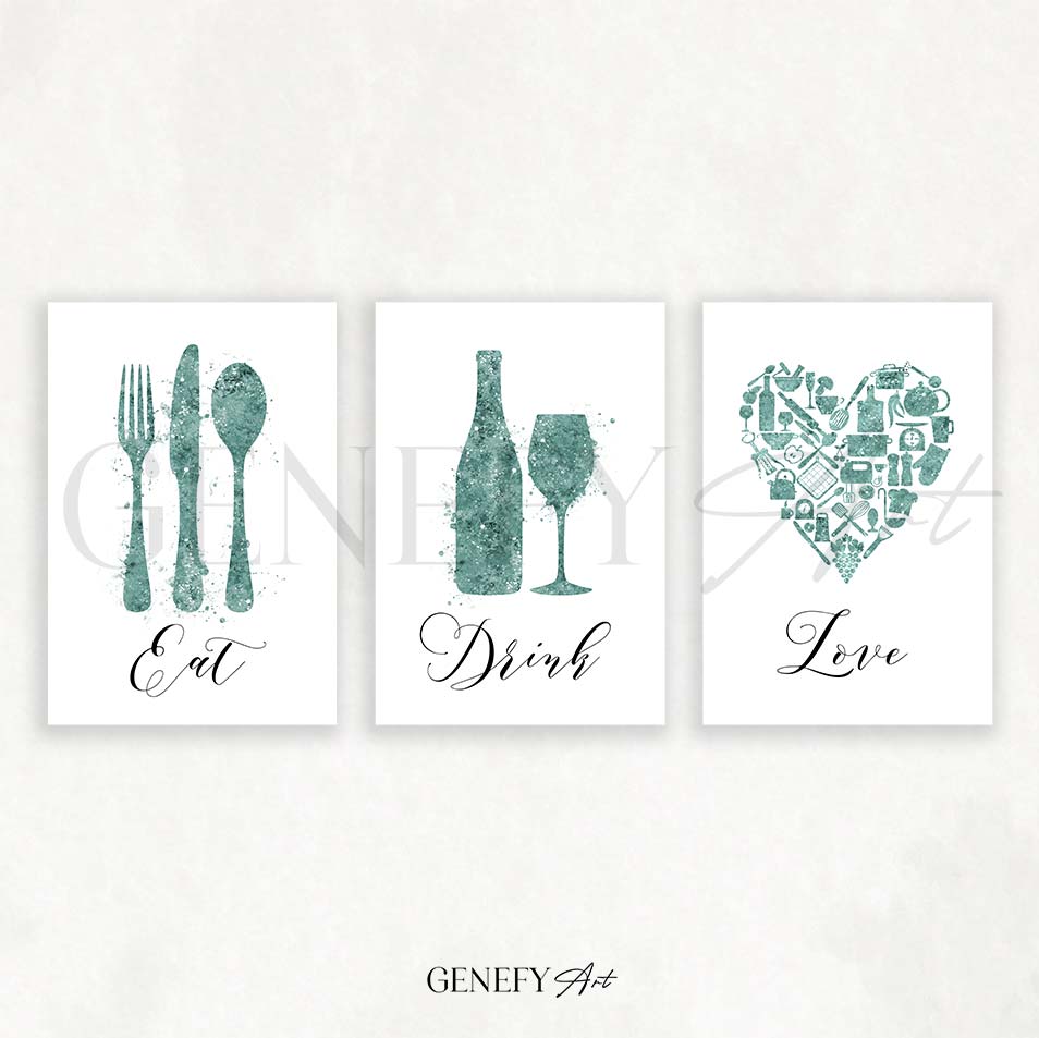 Duck Egg Kitchen Watercolour Art -Set of 3