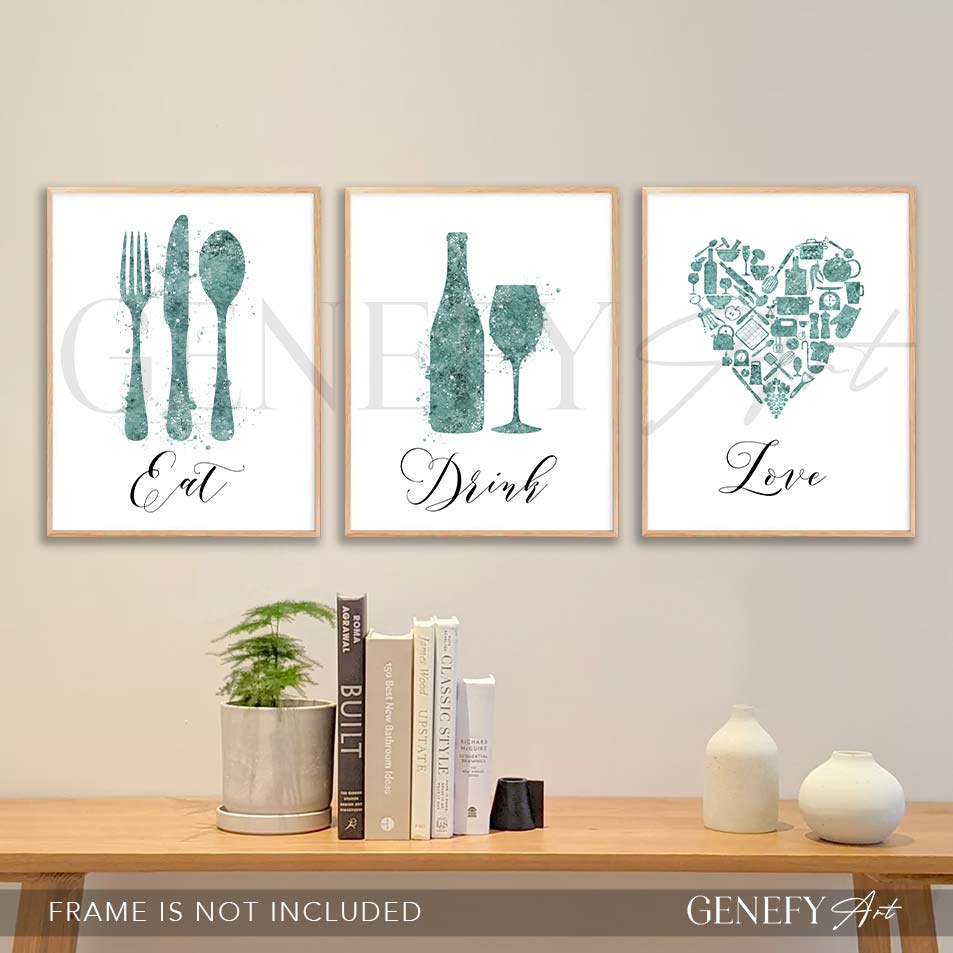 Duck Egg Kitchen Watercolour Art -Set of 3