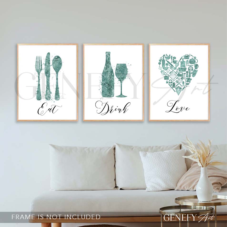 Duck Egg Kitchen Watercolour Art -Set of 3