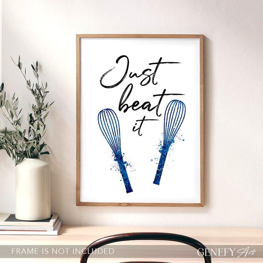 Baking Quote Blue Watercolour Print - Just Beat It - Genefy Art