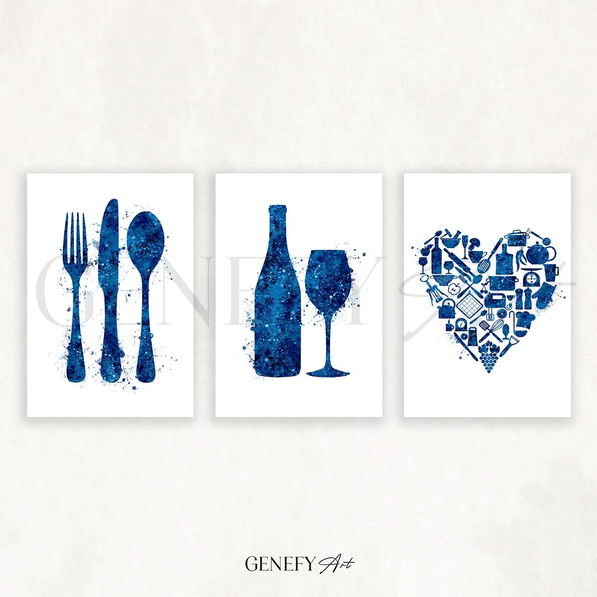 Blue Kitchen Watercolour Art - Set of 3 - Genefy Art