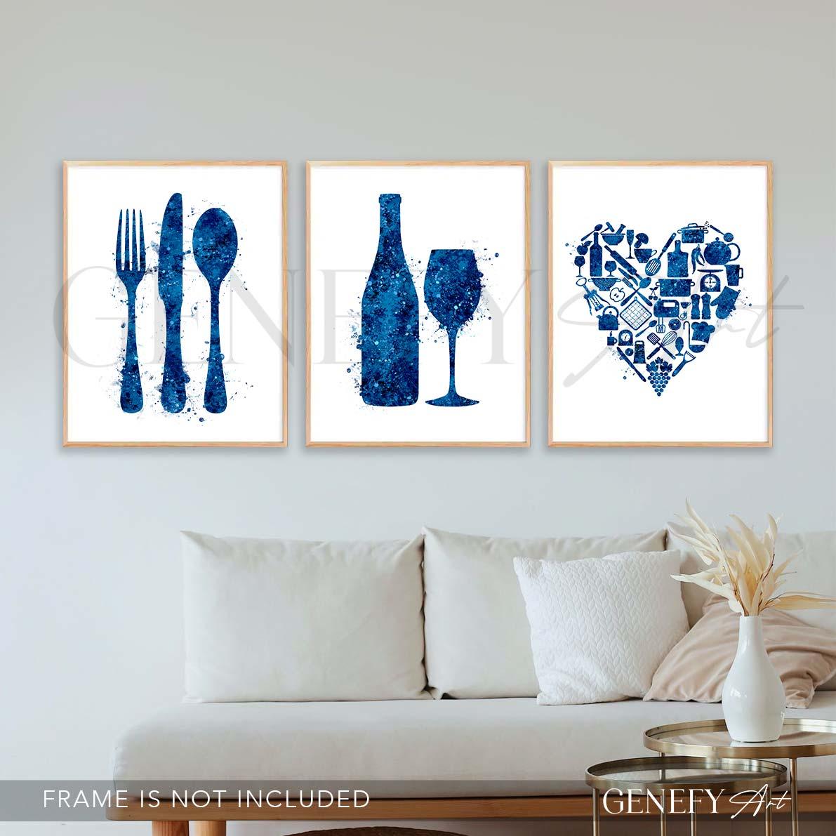 Blue Kitchen Watercolour Art - Set of 3 - Genefy Art