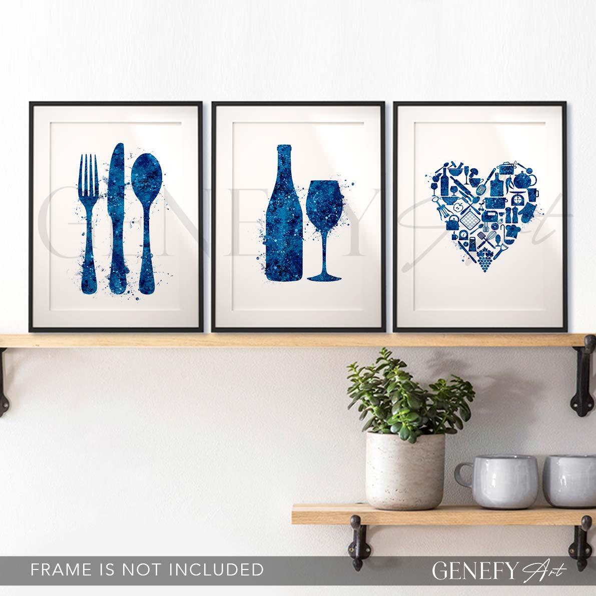 Blue Kitchen Watercolour Art - Set of 3 - Genefy Art