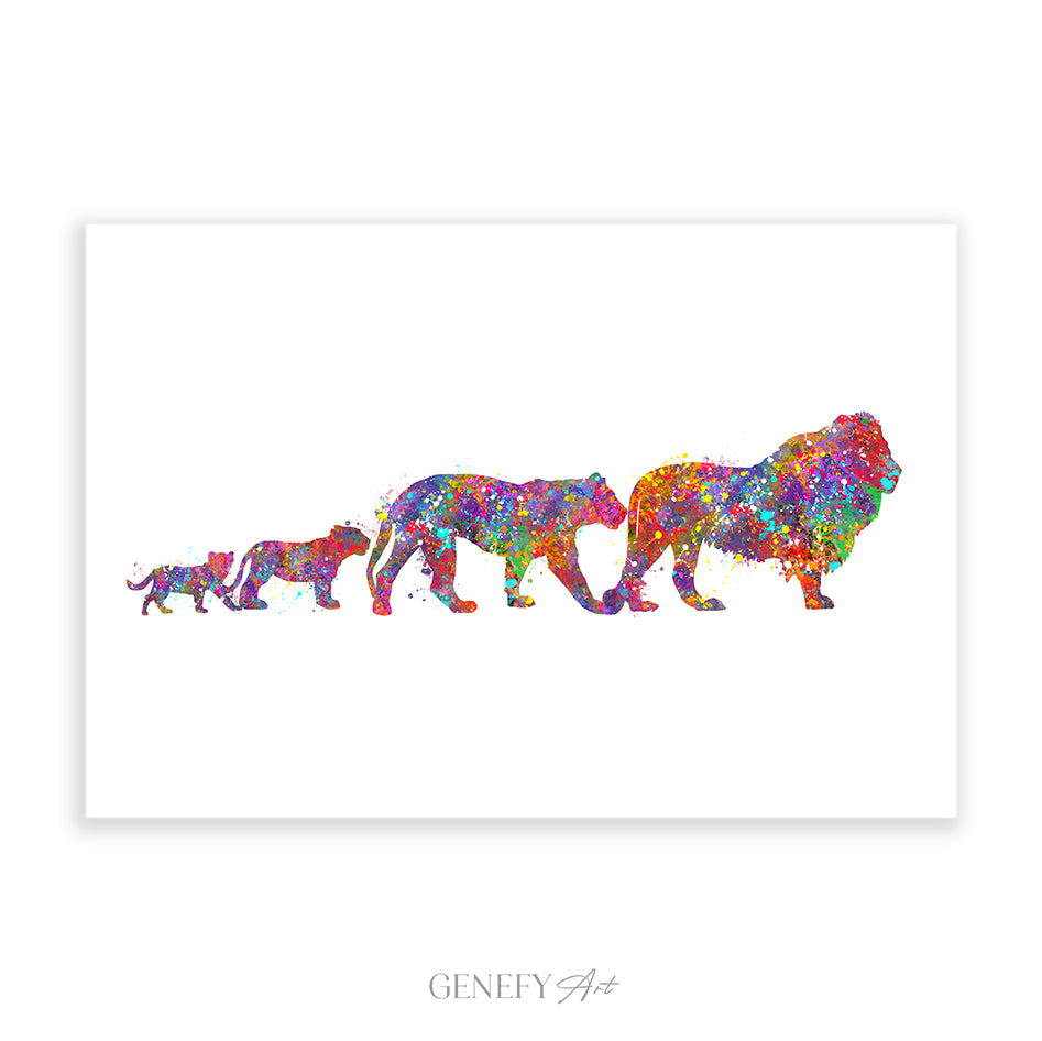 Lion Family of 4 Watercolour Art Print