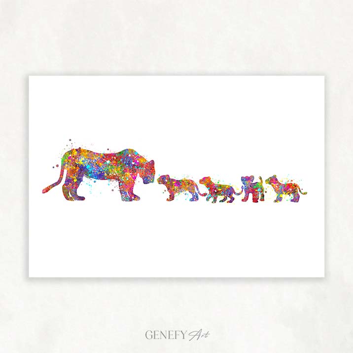 Lioness and Cubs Watercolour Wall Art
