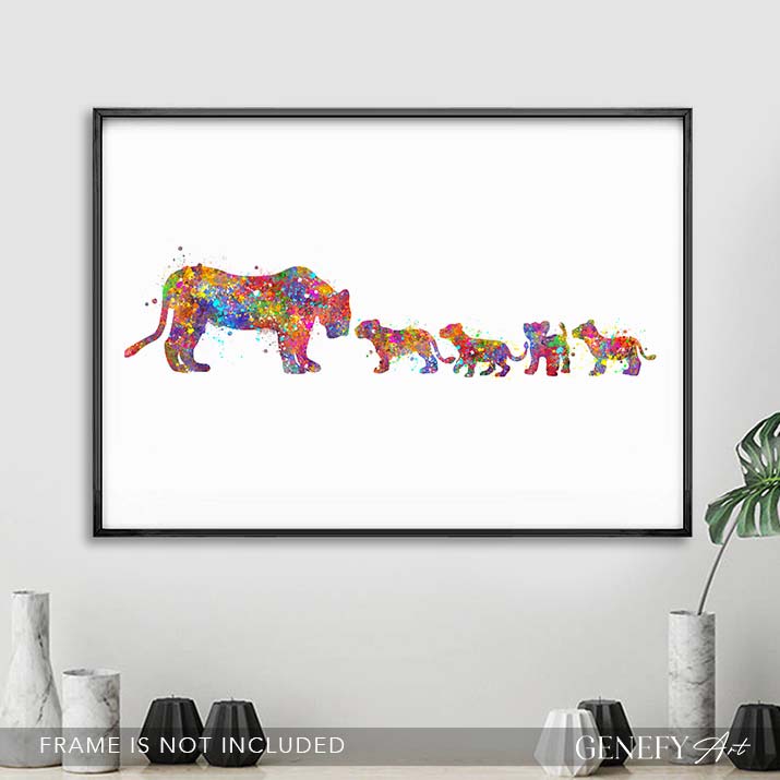 Lioness and Cubs Watercolour Wall Art
