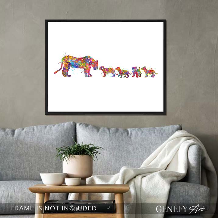 Lioness and Cubs Watercolour Wall Art