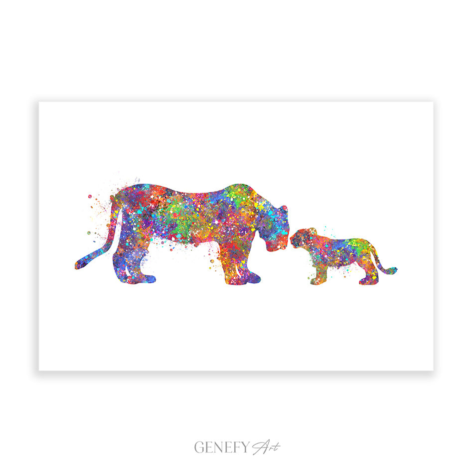Lioness and Cub Watercolour Art Print