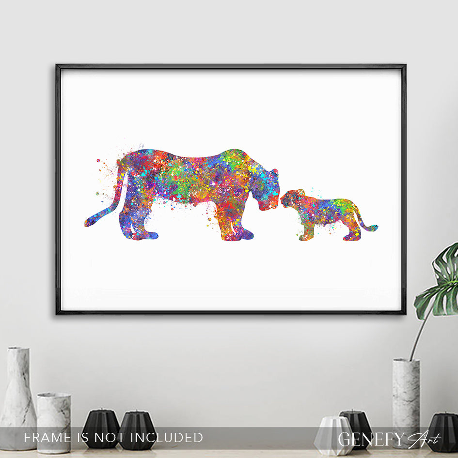 Lioness and Cub Watercolour Art Print