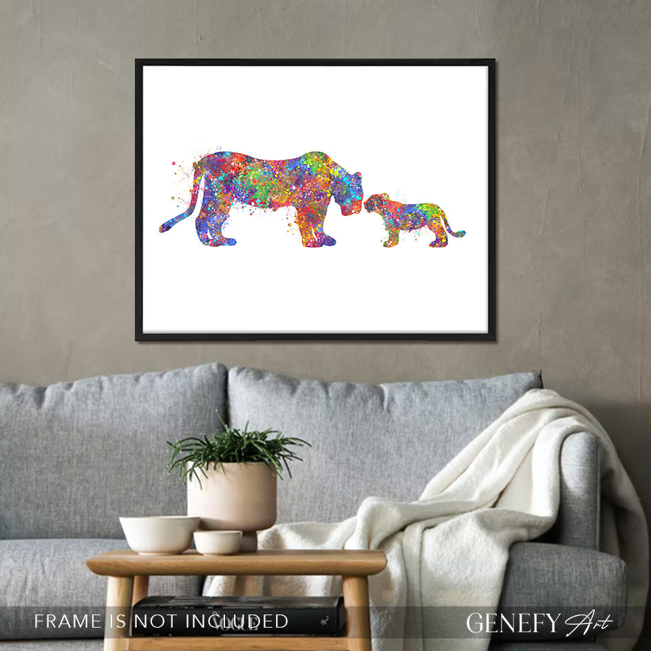 Lioness and Cub Watercolour Art Print