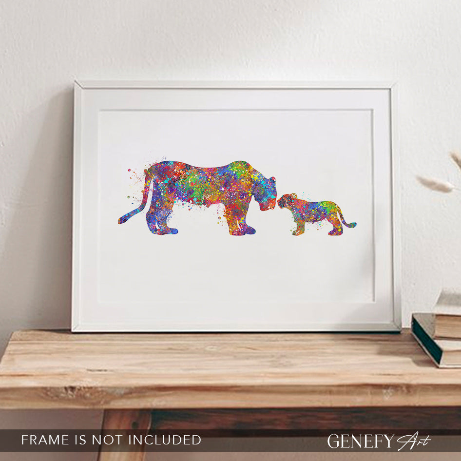 Lioness and Cub Watercolour Art Print