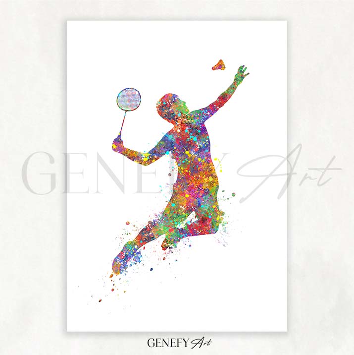 Male Badminton Player Watercolour Print