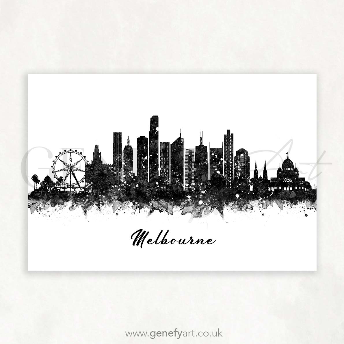 Melbourne Skyline Black and White Watercolour Art Print