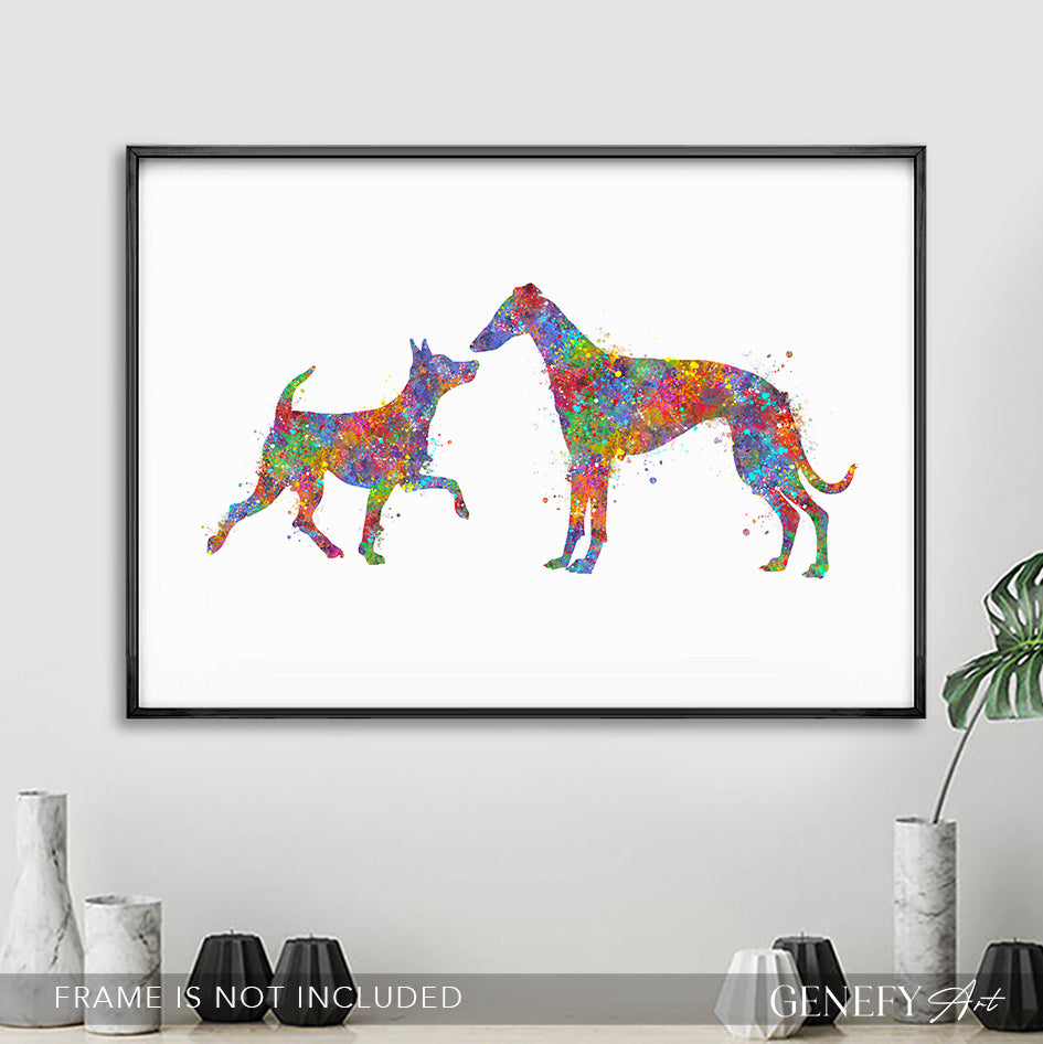 Miniature Pinscher and Whippet Watercolour Print