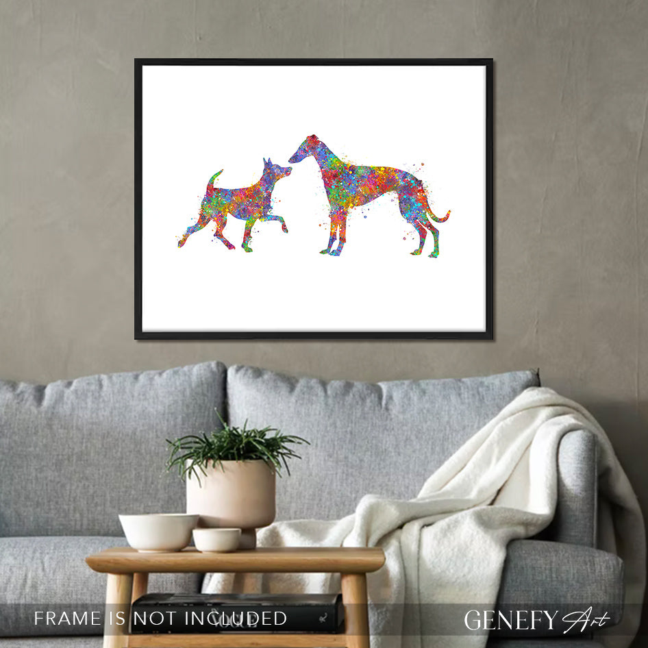 Miniature Pinscher and Whippet Watercolour Print