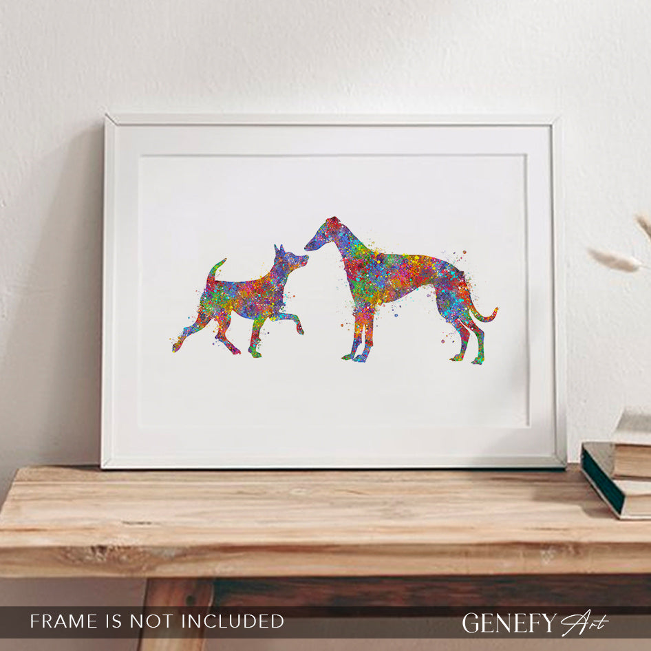 Miniature Pinscher and Whippet Watercolour Print