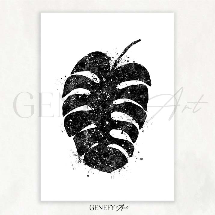 Monstera Leaf Black and White Watercolour Print