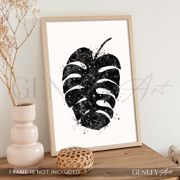 Monstera Leaf Black and White Watercolour Print