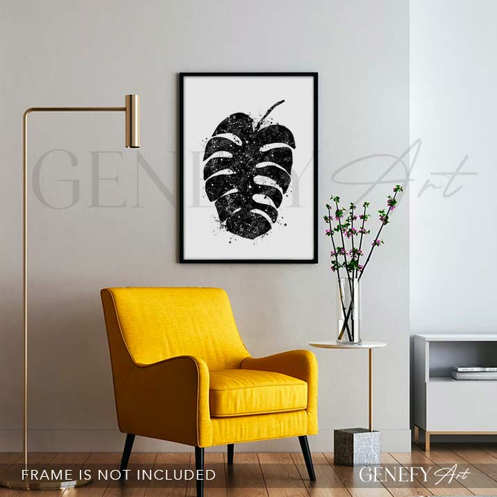 Monstera Leaf Black and White Watercolour Print