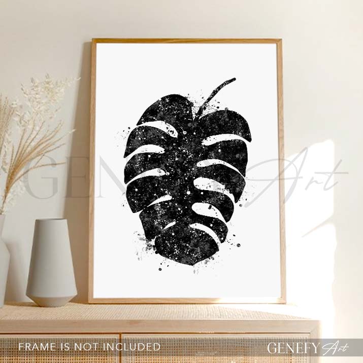 Monstera Leaf Black and White Watercolour Print