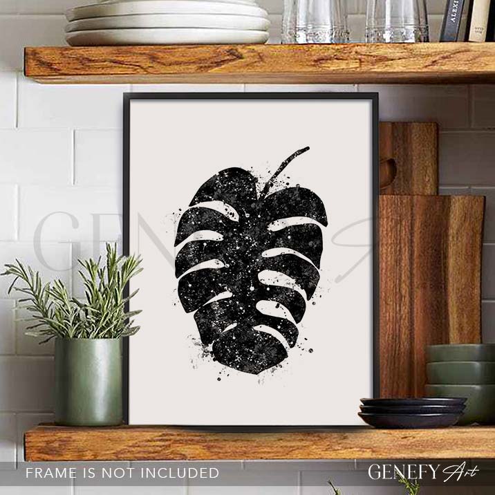 Monstera Leaf Black and White Watercolour Print