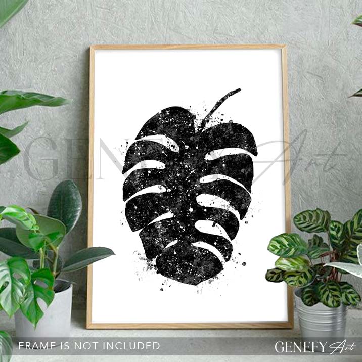 Monstera Leaf Black and White Watercolour Print