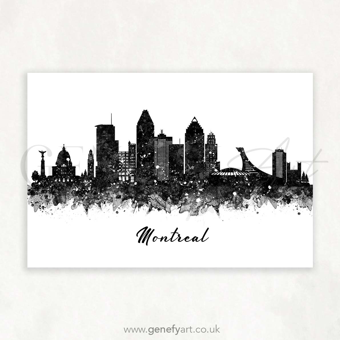 Montreal Skyline Black and White Watercolour Print - Genefy Art