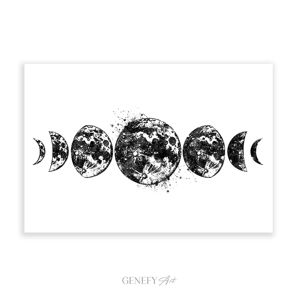 Moon Phases Black and White Art Print
