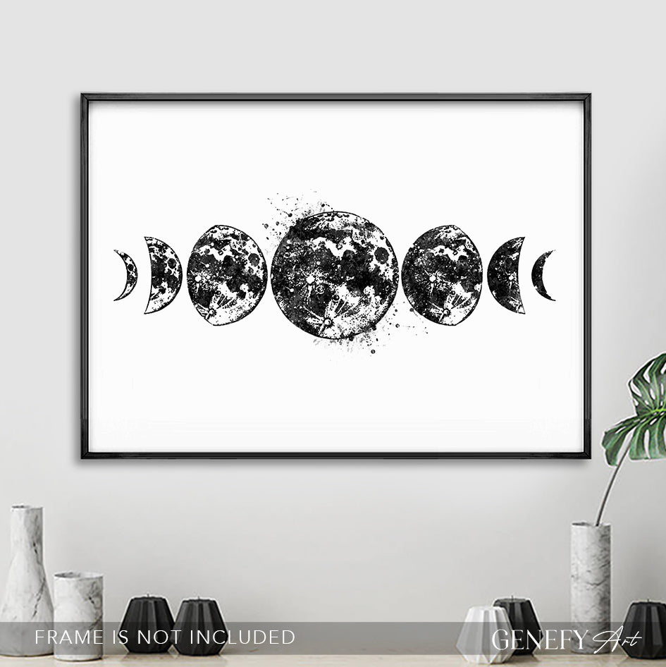 Moon Phases Black and White Art Print
