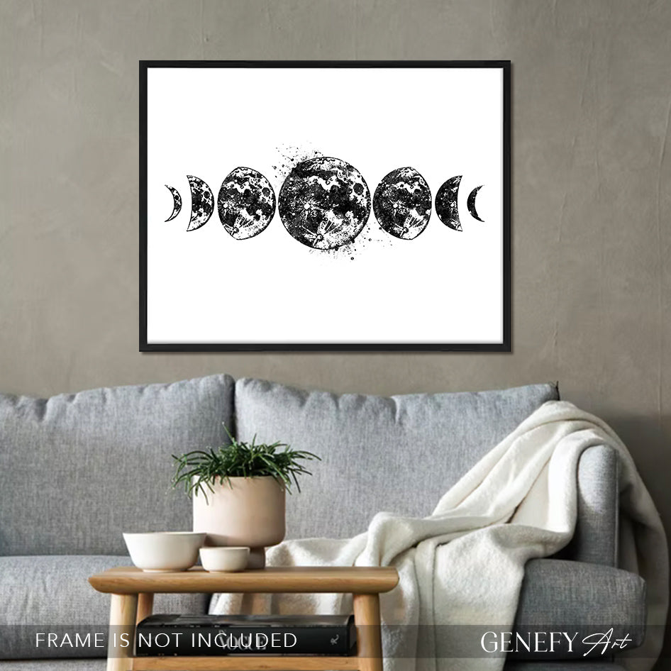 Moon Phases Black and White Art Print