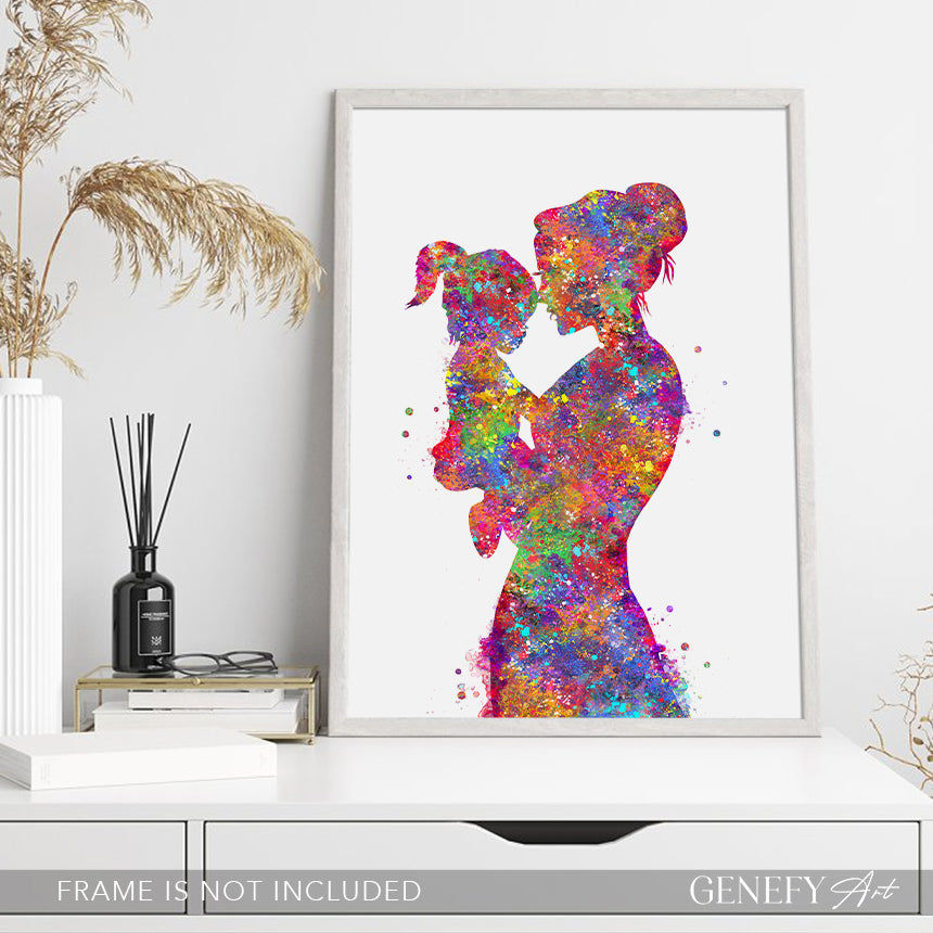 Mother Carrying Daughter Watercolour Art Print