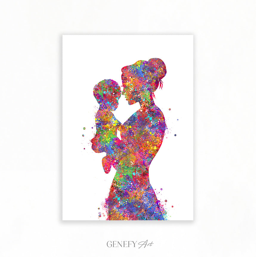 Mother Carrying Son Watercolour Art Print