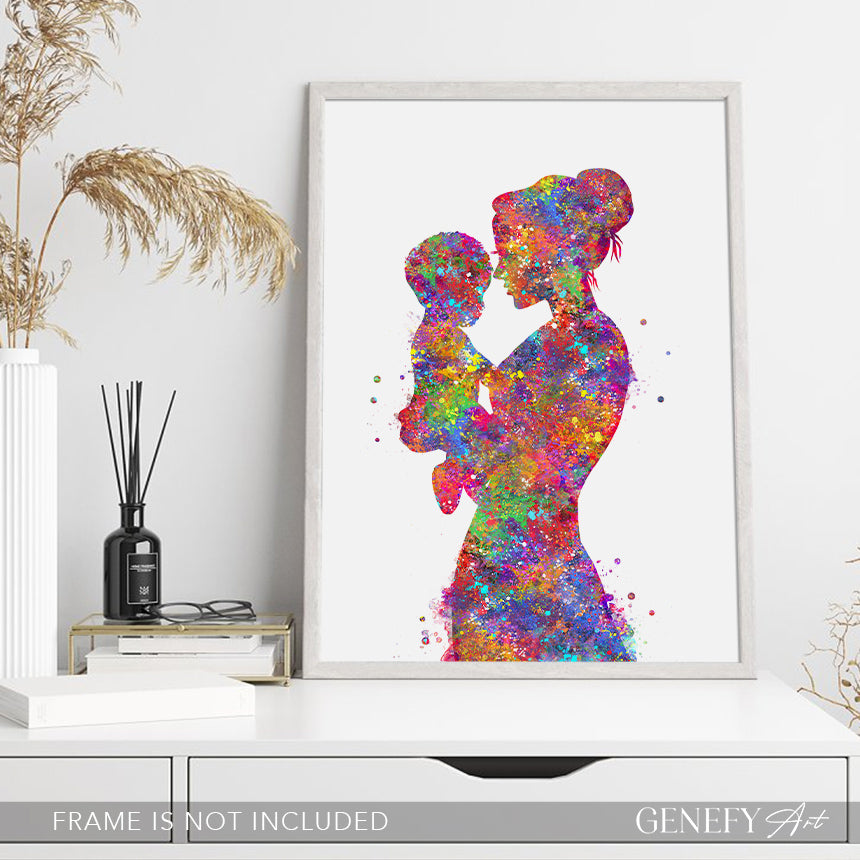 Mother Carrying Son Watercolour Art Print