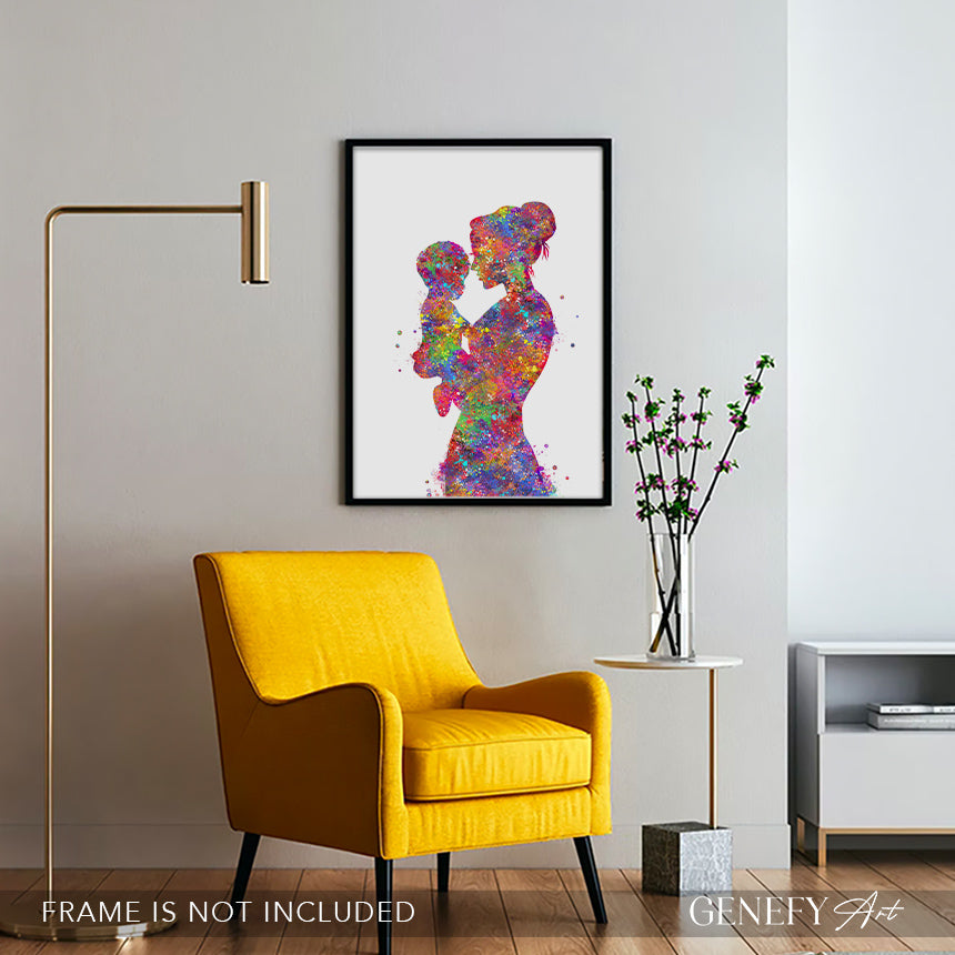 Mother Carrying Son Watercolour Art Print