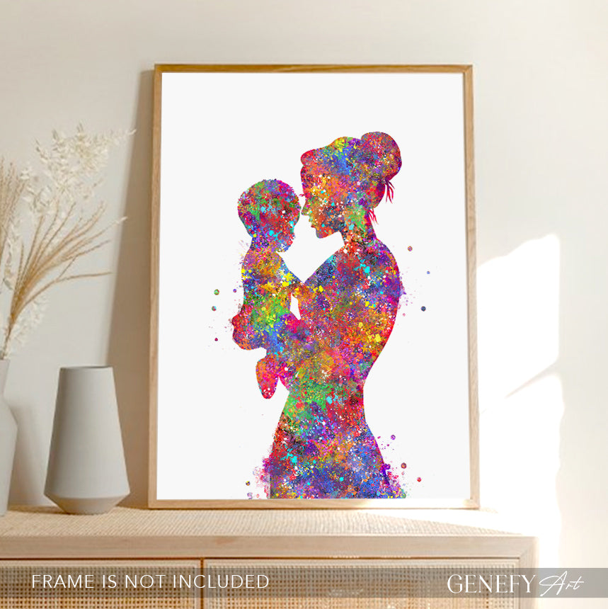 Mother Carrying Son Watercolour Art Print