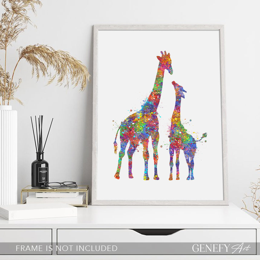 Giraffe Mother and Baby Watercolour Art