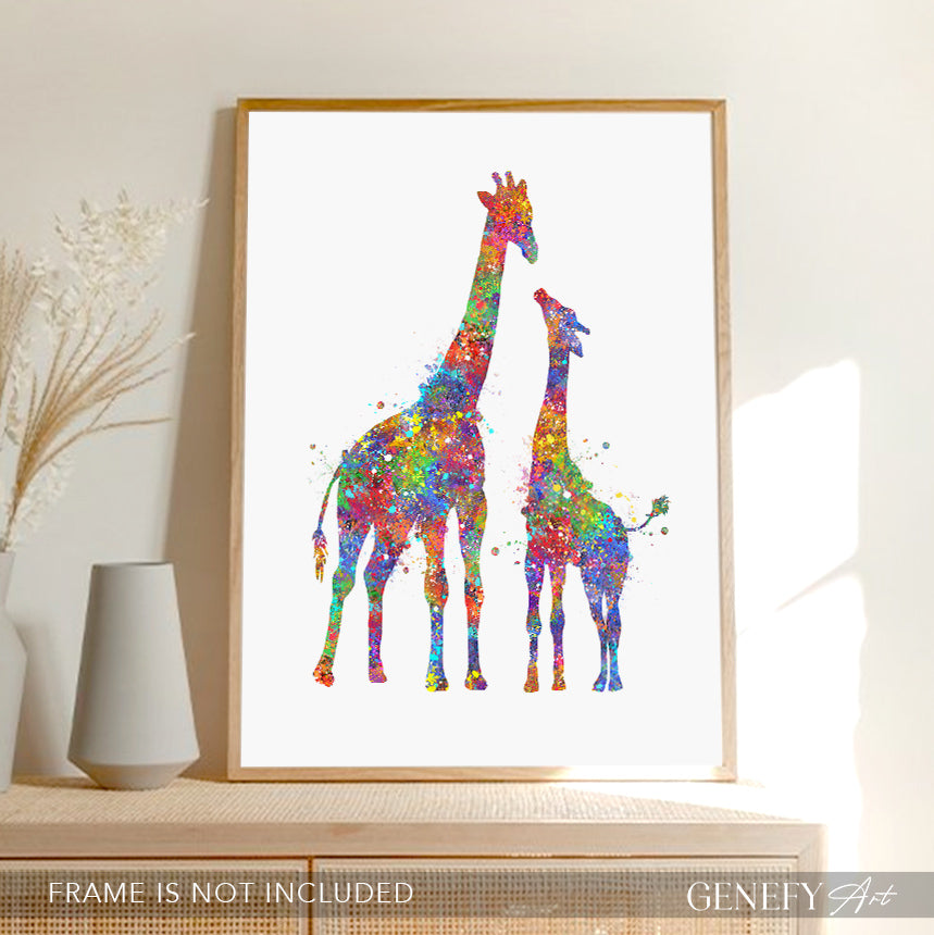 Giraffe Mother and Baby Watercolour Art