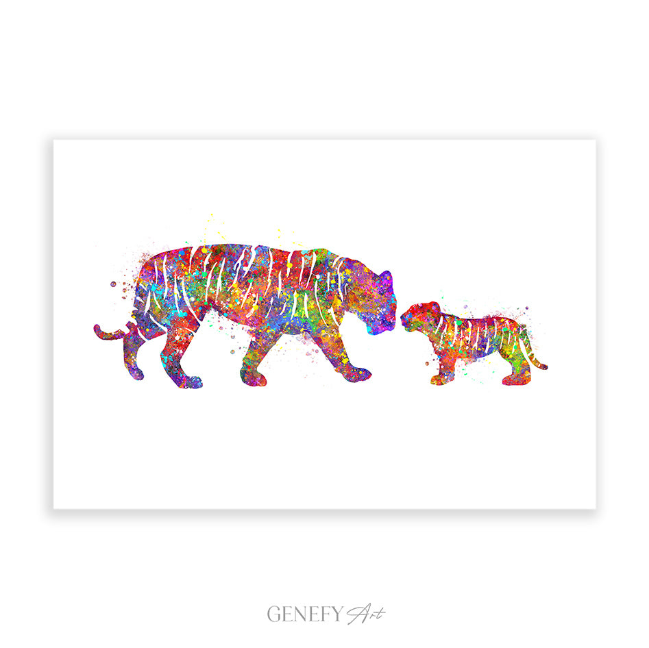 Mother and Baby Tiger Watercolour Art Print