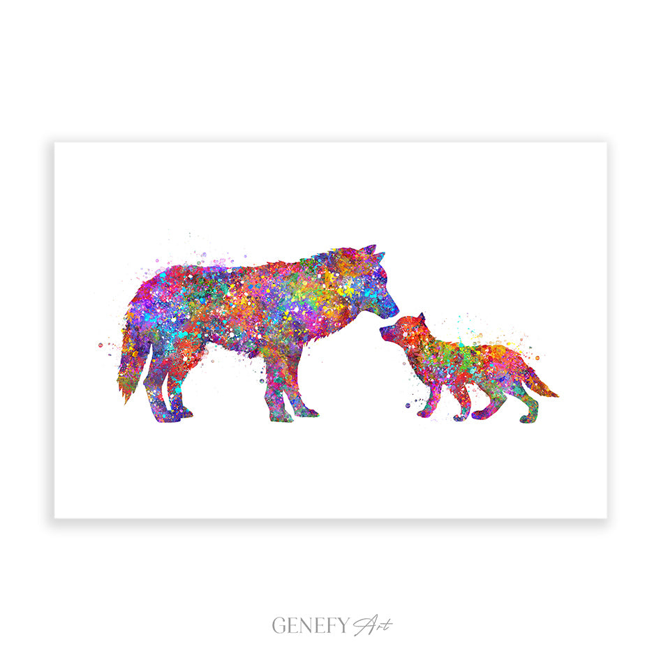 Mother and Baby Wolf Watercolour Art Print