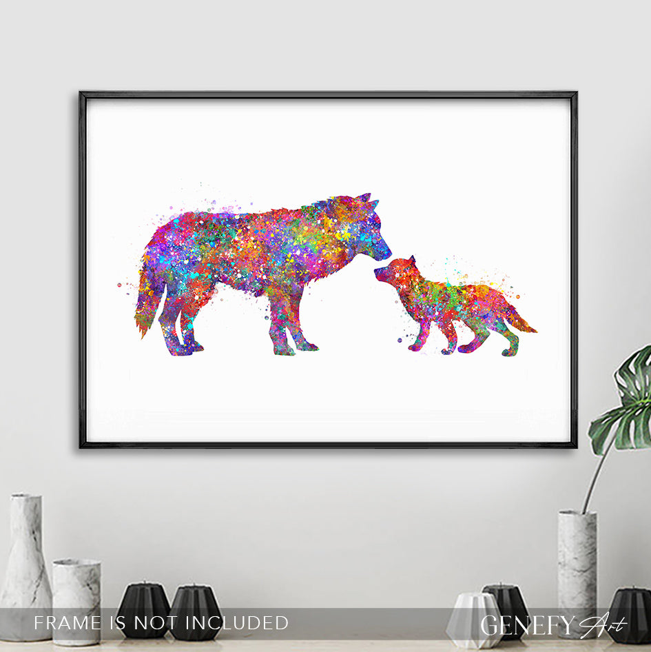 Mother and Baby Wolf Watercolour Art Print