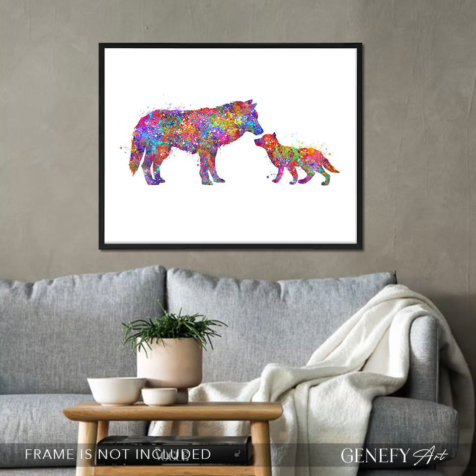 Mother and Baby Wolf Watercolour Art Print