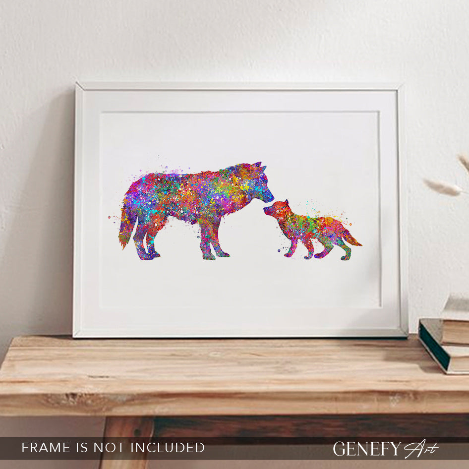 Mother and Baby Wolf Watercolour Art Print